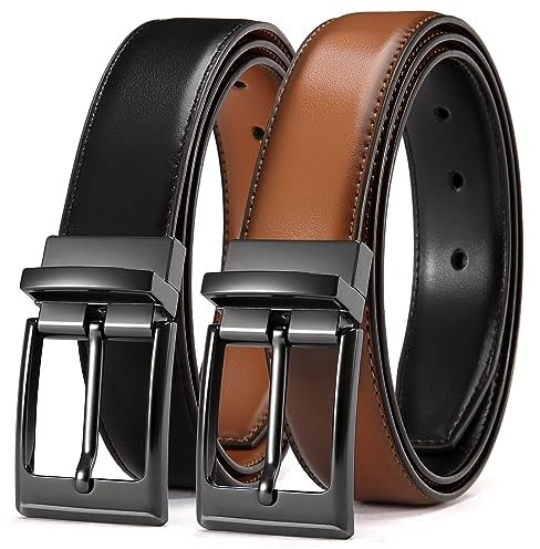 CHAOREN Mens Belt Leather 1 Piece, Reversible Belt for Men 1 1/4 for Suit | 1 Belt 2 Colours, Cut-to-Fit, Rotating Buckle, Reversible Leather, Business Trousers & Dress Wear, Gift Box, Comfortable Fit