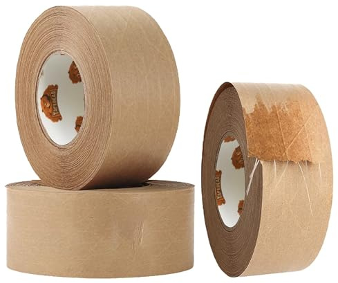 TAPEBEAR Ruban Adhésif à Eau Ruban Kraft Renforcé Fibres 50mm x 50m | Écologique et Sécurisé pour Emballage Industriel (3 Rouleau)