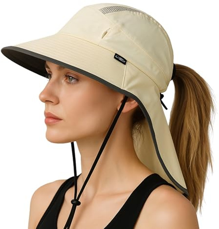 TOP-EX Pferdeschwanz Sonnenhut UV Schutz Damen mit Nackenschutz Breite Krempe Sommerhut Gartenhut Outdoor Fischerhut Wasserdicht & Faltbar Beige Groß