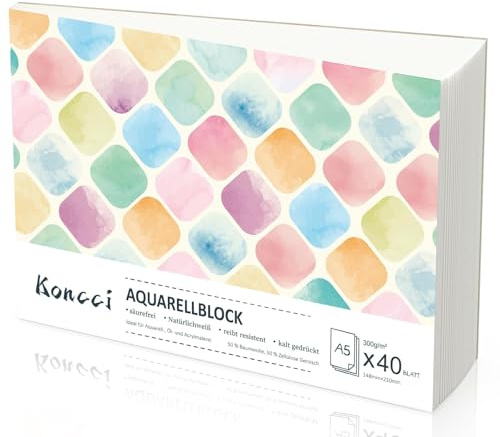 Koncci Aquarellpapier A5, 40 Blatt Aquarellblock, Aquarell Papier | Kaltgepresst 300g/m² Weißes, Watercolor paper für Aquarellmalerei und Zeichnung, Geeignet für Studenten, Anfänger, Künstler