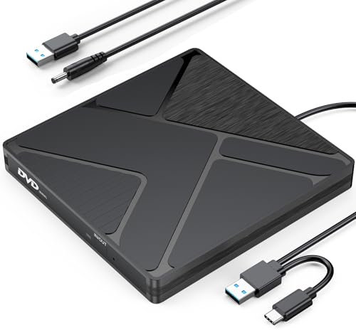 External CD DVD Drive for Laptop PC, USB 3.0 & Type C CD/DVD Burner Disk Optical Reader Player with Power Supply for HP Dell ASUS Lenovo Laptop MacBook Pro Air Mac mini PC, Win11/10/8/7 macOS Linux