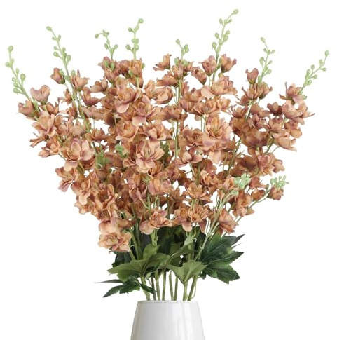 Fqueelvys 8PCS Delphinium Artificial Flowers 33.5'' Larkspur Silk Flowers Faux Long Stem Flowers for Wedding Table Centerpieces Home Garden Decor(Brown)
