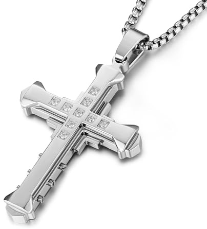 HZMAN Large Cross Necklace for Men Stainless Steel Retro Cubic Zirconia Byzantium Cross Necklace Pendant Jewelry Gift (Silver)