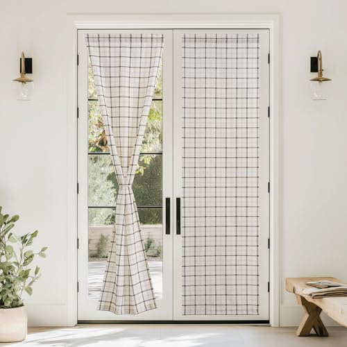 PONY DANCE Cortinas Cocina de Lino para Puerta, Visillos Translucidos de Cenefa con Estampada de Cuadros con Bolsillo de Barra 2 Piezas,60x240cm,Blanco