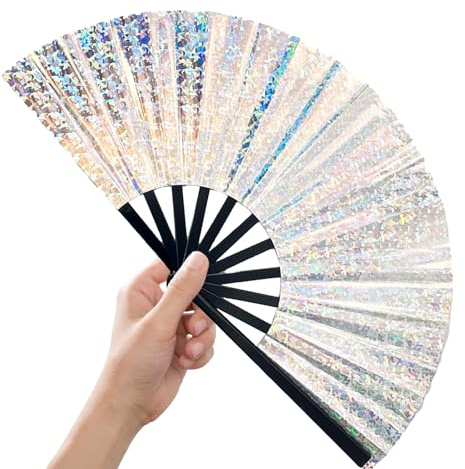 Nujvnuj 30cm Holografischer Party Fächer - Glitzer Laser Faltfächer für Festivals, Clubs & Cosplay - Handlicher Rave Fan für Frauen & Männer, Tragbarer Tanzfächer mit Irisierendem Effekt (Silbrig)
