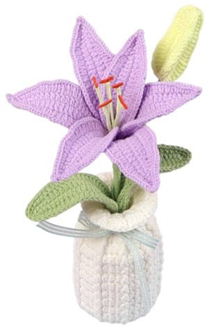 Magicherry Piante in vaso di giglio finite all'uncinetto, fiori artificiali fatti a mano a maglia con squisito vaso lavorato a maglia per auto, cruscotto, casa, ufficio, scrivania, viola