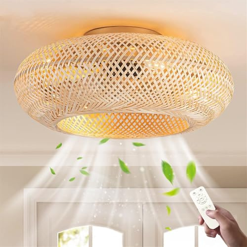 SanBouSi Ventilateur de Plafond Avec Éclairage E27 Vintage En Rotin Et Bambou avec Télécommande, 6 Niveaux De Vitesse, Réversible Silencieux, Luminaire Ventilateur Plafonnier Style Bohémien