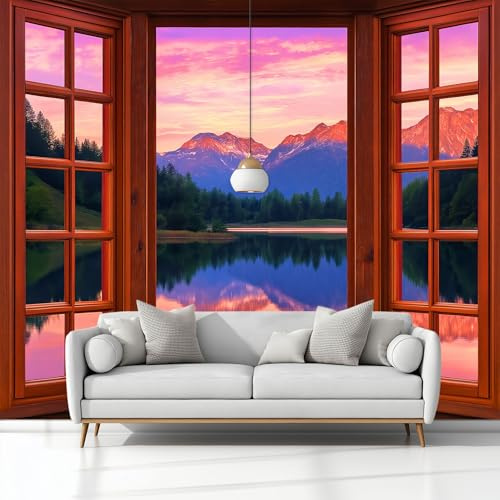 Fotomurale no Tejido Marco De Madera Ventana De Vidrio Montañas Bosque 200 x 140 cm Papel Pintado Decoración de Pared, Murales póster efecto 3D, Decorativos Murales para Dormitorio Salón TV Pared