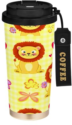 JUMBEAR Taza de viaje con aislamiento al vacío Little Lion de dibujos animados, tazas de café reutilizables de viaje, taza de café de acero inoxidable de doble pared a prueba de fugas con tapa para