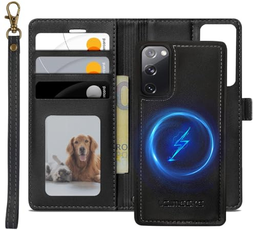 XTCASE Leder Hülle für Samsung Galaxy S20 FE Magnetisch Kompatibel mit MagSafe, 2 in 1 Abnehmbare Handyhülle Flip Case [Kabelloses Laden] [Kartenfach] [Ständer] Klappbare Klapphülle, Schwarz