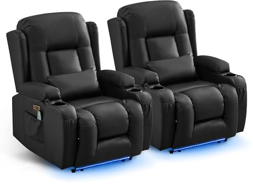 SAMERY Fernsehsessel Elektrisch Verstellbar Relaxsessel mit Liegefunktion,Massagesessel Vibration Heizung,Kunstleder TV Sessel Wohnzimmer Liegesessel Kinosessel 614 mit USB/LED,bis 150 kg (2, Schwarz)