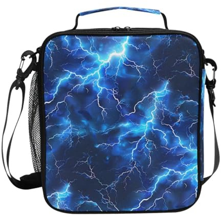 Mnsruu Blue Electric Lightning Lunch Bag Kids Insulated Lunch Box Tote Bag Cold Thermal Freezable Shoulder Strap for Boys Girls School Picnic