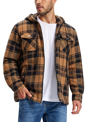 MoFiz Homme Veste Chemise Flanelle à Carreaux Doublée Chaude Blouson d'hiver Coton Chemise de Bûcheron Travail Manches Longues avec Capuche et Cinq Poches