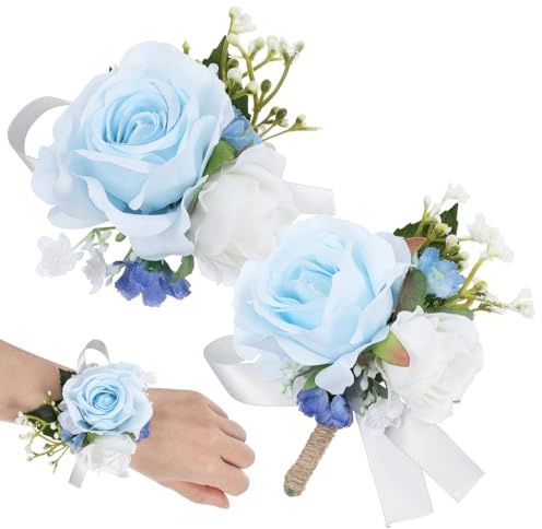 TOYANDONA Hellblaues Ansteck-Armband und Knopflochblumen-Set – Handgelenk-Ansteckblume mit Rosen-Armbändern, Taschen-Boutonniere für Damen, Herren, Hochzeit, Abschlussball, Party, Anzug, Dekoration (2