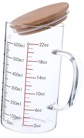 GETAJGHSD Bicchierino Dosatore in Vetro 600ml con Coperchio e Manico Ergonomico, Strumento Multifunzionale Graduato per Cucina e Uso in Microonde