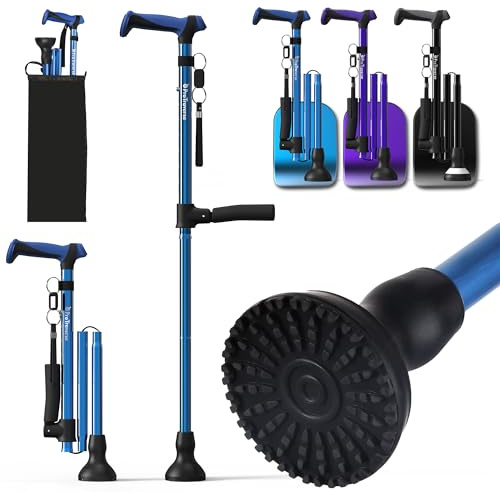 Adjustable Walking Cane for Men & Women for Stability,Foldable walking canes with Second Handle for standing,350lbs Heavy Duty,All Terrain,Collapsible Walking Sticks for Seniors & Adults,Blue