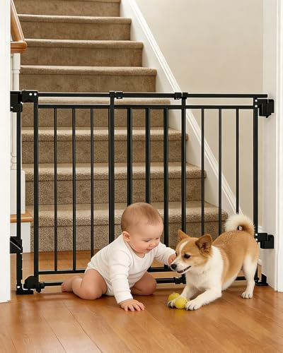 Treppenschutzgitter mit Automatikschließer & ohne Unterkante – Verstellbares Tür- und Treppengitter (67-109 cm) für Kinder & Hunde, Einhand-Bedienung, Feste Wandmontage（schwarz）