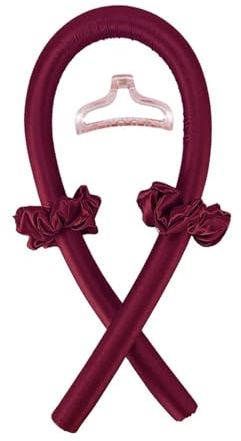 Tige de friser sans chaleur, bandeau, boucles en soie, rouleaux ruban for bigoudis, outils coiffure doux for dormir(Wine Red with Clip)