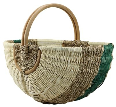 Großer Einkaufskorb aus Rattan & Seegras, Grün, 39x26x20 cm | Handgeflochtener Picknickkorb mit Henkel – Stabiler Marktkorb & Autokorb – Vintage Design Flechtkorb