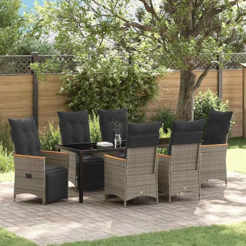 Ziaphsol Garten Essgruppe mit Kissen 7 Stück Grau Poly-Rattan wetterfestes Lounge-Set für Terrasse Balkon Garten mit verstellbaren Rückenlehnen und abnehmbaren Bezügen für gesellige Momente im