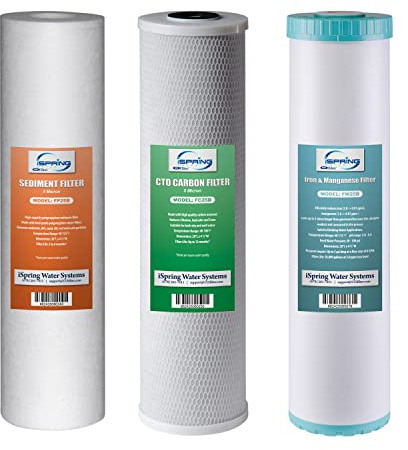 iSpring F3WGB32BM 4.5” x 20” 3-Stage Whole House Water Filter Set Replacement Pack with Sediment, CTO Carbon Block, and Iron & Manganese Reducing Cartridges Fits WGB32BM, White (Pack of 1)