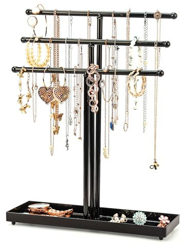 BELLE VOUS Espositore Gioielli Porta Orecchini e Porta Collane da Tavolo Nero a 3 Livelli con Vassoio - Organizer Gioielli Portagioie Donna per Bracciali, Anelli, Orologi e Collane