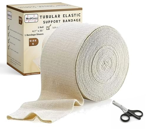 Tubular Compression Bandage Size G (4.7” x 33 ft) – Elastic Stockinette Support Sleeve for Large Thighs and Quads, Small Trunks – Cut-to-Fit, Washable Reusable, No Pins/Tape – Plus Medical Scissors