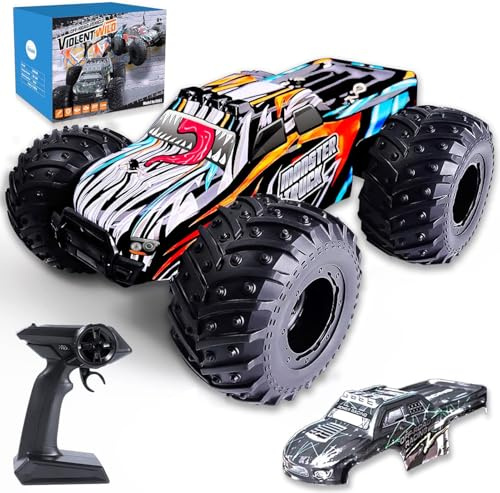 KINSAM Ferngesteuertes Auto, 20 km/h für Kinder ab 6 8 10 Jahre,Spielzeug Monstertruck Ferngesteuert mit 2 Akku 1000Mah(60min Spielzeit),2.4GHz RC Car für Anfänger,RC Buggy Offroad mit 2 Karosserien ﻿