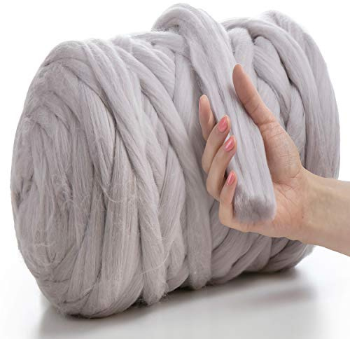 MeriWoolArt XXL Merino Wolle – 100% Schurwolle, Extra Dickes Filzgarn (4–5 cm) für Armstricken, Trocken- & Nassfilzen, Decken & Babydecken – Satingrau 100g