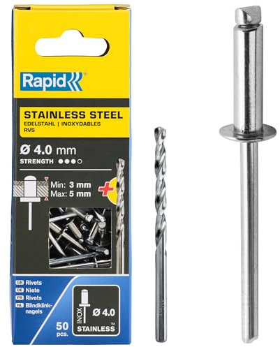 Rapid Scatola da 50 Rivetti in Acciaio Inossidabile da Ø4 x 6 mm, Adatti a Fissare Parafanghi, Coperture in Metallo e Plastica, Segnaletica e Lamiere, Include una Punta per il Trapano (5001460)