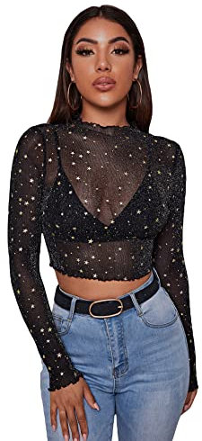 GORGLITTER Women's Star Print Mesh See Through Crop Tee Tops Lettuce Trim Long Sleeve Mock Neck T Shirts Sexy Sheer Mesh Crop Top Black XL