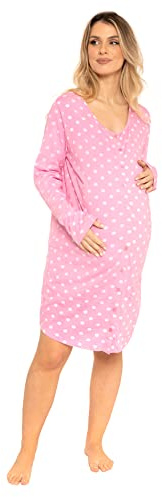 i-Smalls Maternity Nightdress 100% Cotton Soft & Stretchy Button-Front Nursing Nightie Pregnancy & Postpartum Sleepwear (Pink) 12-14
