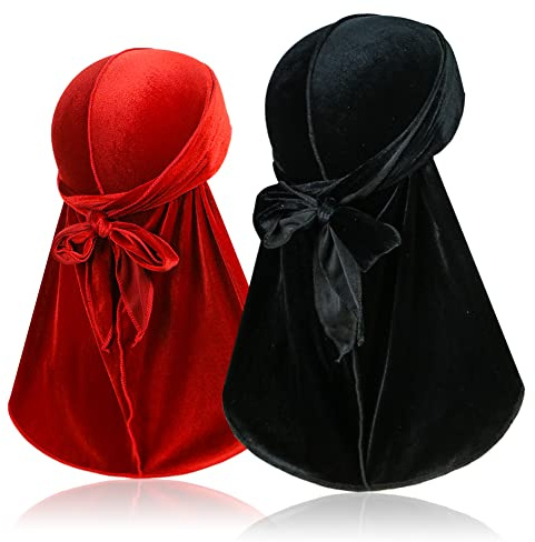 2 envolturas de terciopelo durags para 360 ondas, Silky Do Rag Durag con cola extra larga y tirantes anchos para hombres y mujeres