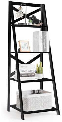 SFAREST 4-Tier Tall Ladder Shelf, Freestanding Plant Flower Stand and Bookcase Shelving Unit Rack, Leaning Wooden Storage Display Bookshelf for Living Room, Bedroom and Garden (Black)