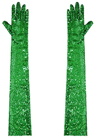 FEESHOW Damen Glitzernd Pailletten Handschuhe Lang Fantasy Karneval Mottoparty Opern Kostüm Tanz Auftritte Show Zubehör A_Grün Einheitsgröße