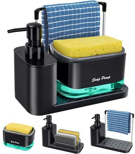 Juego de dispensador de jabón de Cocina con Bandeja y Soporte de Esponja, dispensador de jabón de Manos y Platos con Soporte para paños de Cocina, Organizador de Almacenamiento 5 en 1, práctico