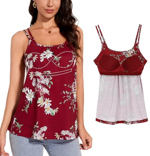 ANYFITTING Linne med Inbyggd BH, Summer Spaghetti Strap Ärmlösa toppar, U-neck linne, Sexig lös BH för kvinnor, Träning, Sömn, Resor Vinröd med blommor S