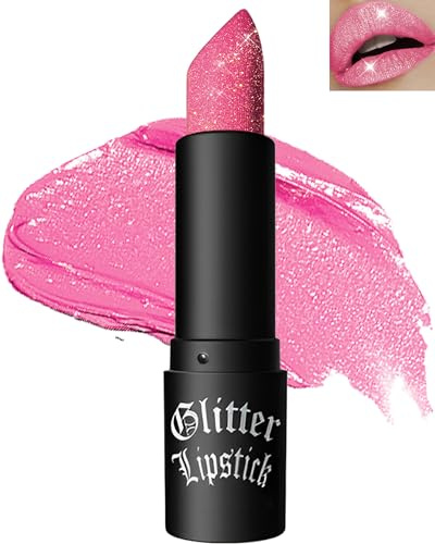 Glitzer-Lippenstift, Wasserdichter Lang anhaltender Lipgloss, Diamond Metallic Funkelnder Matt Lippenstift, Matte Glitter Lipstick Lip Gloss für Frauen Lippen Make-up, Geschenk zum Halloween-05Pink