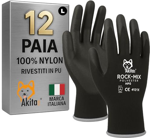 AKITAInk 12 Paia Guanti da Lavoro protettivi in fibra di nylon con rivestimento in poliuretano Resistenza all'Abrasione e Multiuso (L / 9)