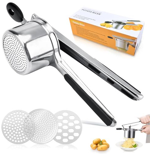 Kartoffelpresse Edelstahl,Kartoffelstampfer mit 3 austauschbaren Scheiben,spätzlepresse,Professionelle Kartoffelquetsche,Erdäpfelpresse für Kartoffelpüree, Obstsäfte, Gemüsebrei, Püree