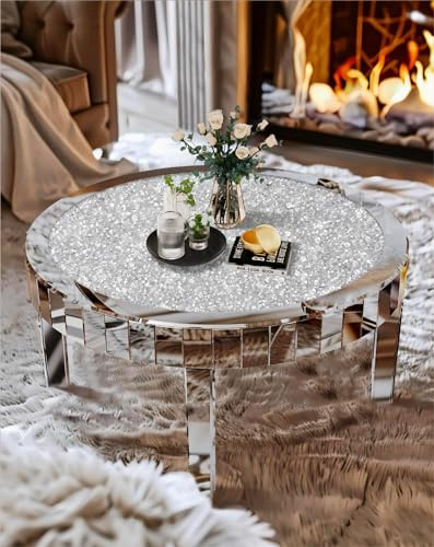 Artloge Silver Mirrored Coffee Table: 31.5 inch Round Crystal Glass Mirror Tabletop Crushed Diamond