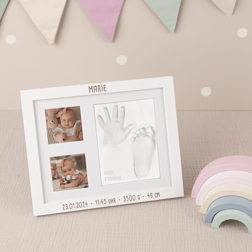 hellomini Personalisiertes Gipsabdruck Set Baby | Geschenke zur Geburt | Handabdruck & Fußabdruck Ton | Baby Geschenk | (Druckschrift)