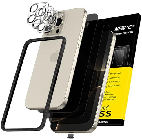 NEW'C 3 x Sichtschutz für iPhone 16 Pro Max für Panzerglas (6,9) und 3 x Kamera Panzer Schutz Glas Kameraschutz-Einfaches Installationswerkzeug enthalten+Staubschutzstöpsel-Verbesserter 28-Grad