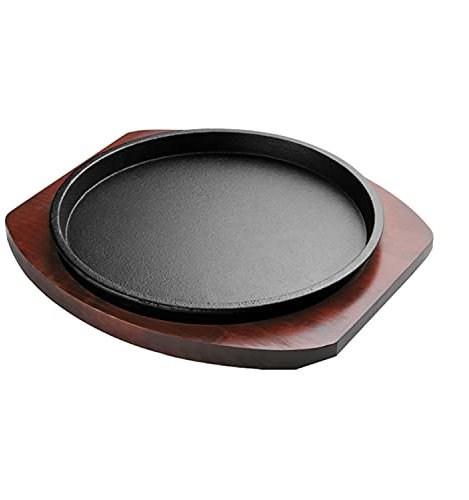 Steak Plate,Thick Teppanyaki Pan,Cast Iron Saucer Pan, Kitchen Plate, Asian Style Mini Cast Iron Dish with Wooden Board, Perfect for Cooking Seafood Steaks and More-26cm