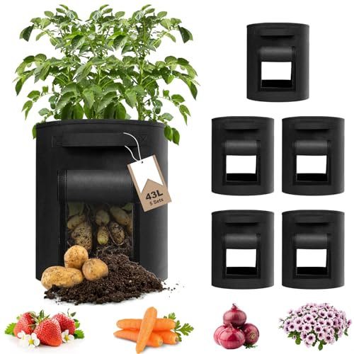 YTACREA Sac de Plantation Pomme de Terre en Feutre, 5 Pièces 43L (11 Gallons) Sacs à Plantes Non Tissé avec Poignées et Fenêtre, Sac de Culture Respirant Réutilisables pour Légumes Fleurs Fruits, Noir