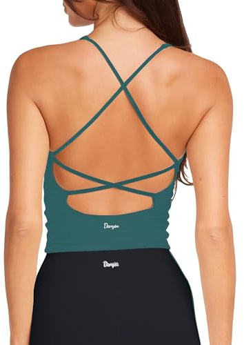 Danysu Spring Tops for Women Longline Sports Bras Workout Tops for Women Light Support Strappy Padded Yoga Top V Neck Hunter Green M