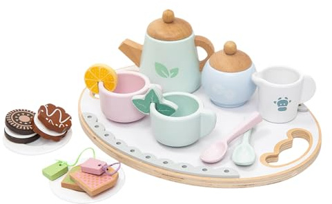 Juego de té - Juego de rol Té con galletas de madera, juego de cocina de juguete de madera educativo con alimentos para niñas de 3 a 5 años