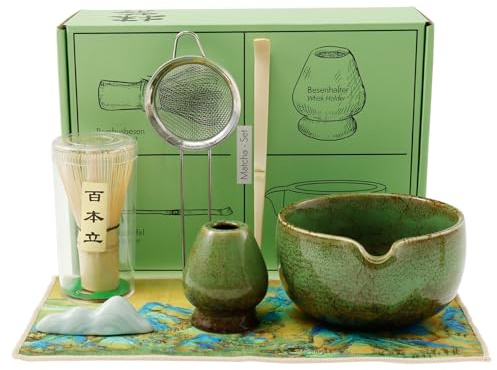 BAODBF 7 stycken matcha teset, bambu matcha-visk, keramisk matcha-skål, matcha tillbehör med teställ, teurtavla, tehandduk, filter läcka spoon, pennställ, matcha set för japanskt te (armégrön)