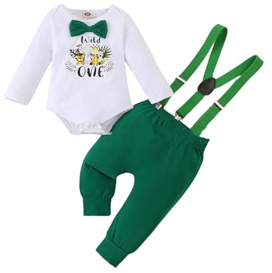 Winmany Baby pojkar 1. Födelsedag outfit småbarn tårta smash kläder kortärmad sparkbyxor hängslen shorts första födelsedag kläder set, Långärmad grön, 12-18 månader