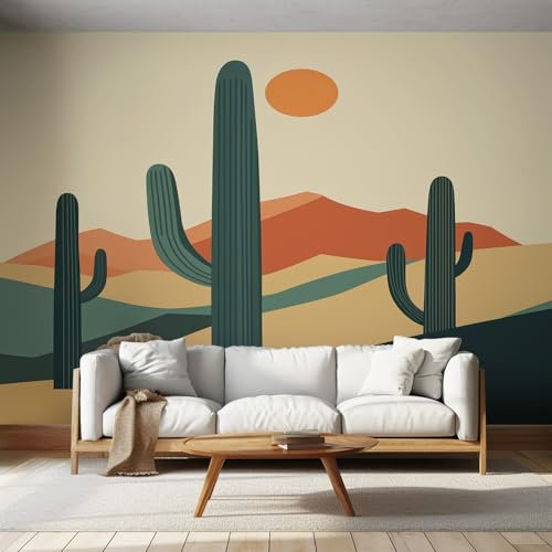 Cactus Wallpaper Mural - Boho Mid Century Wall Paper, Cactus Home Decor, Non-woven Waterproof Print Wallpapers for Bedroom Living Room, Feature Walls Mural 100x70 cm - Qz11